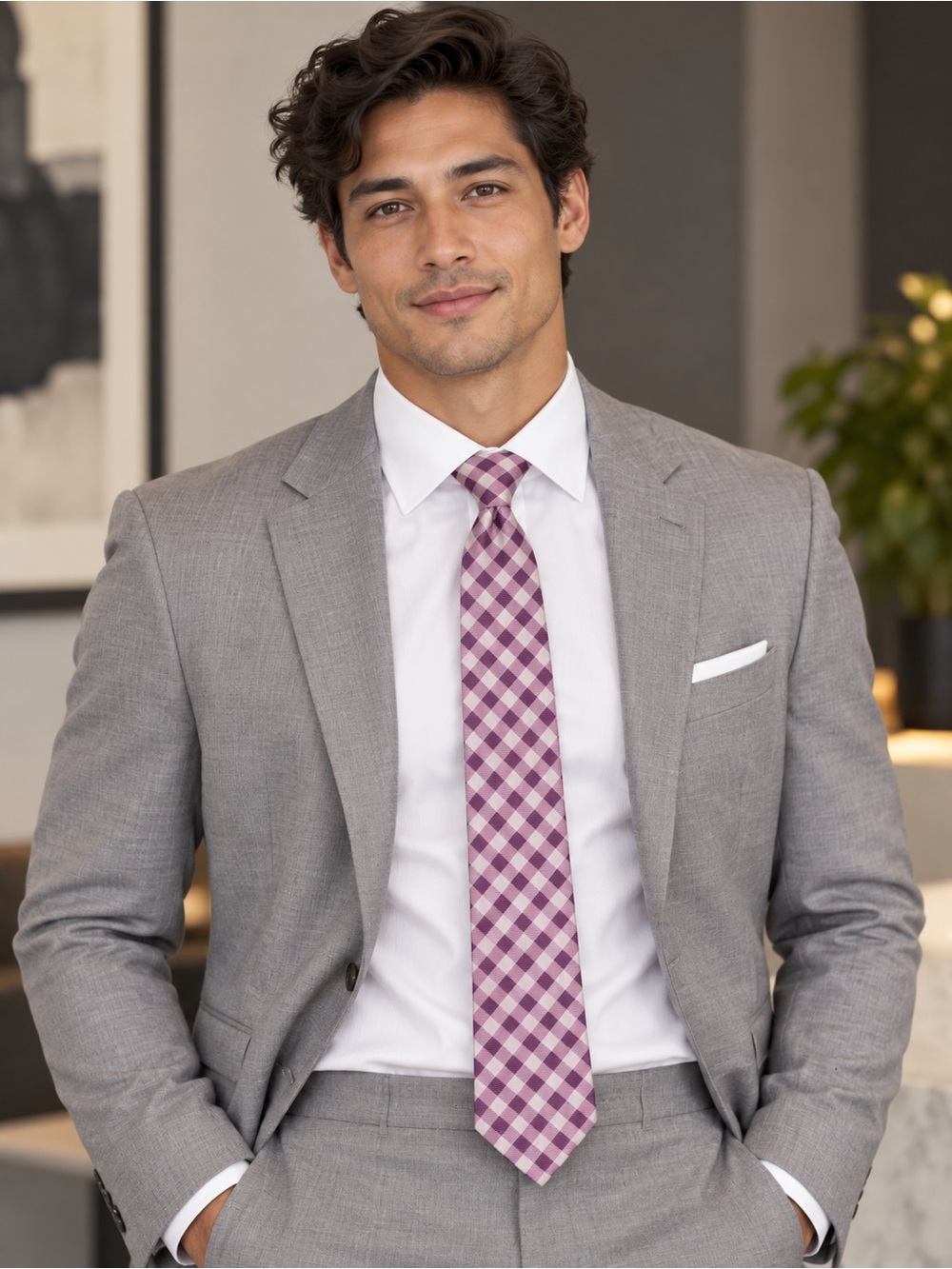 Geoffrey Beene Pink Diamond Checkered Classic Men’s Necktie